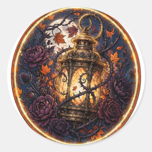 Pegatina Redonda Linterna de Otoño Gótico — Insignia de Linterna de