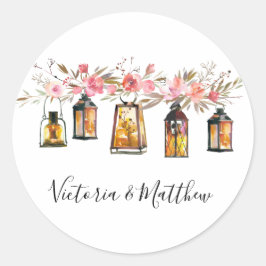 Pegatina Redonda Linterna floral de acuarela rústica personalizada