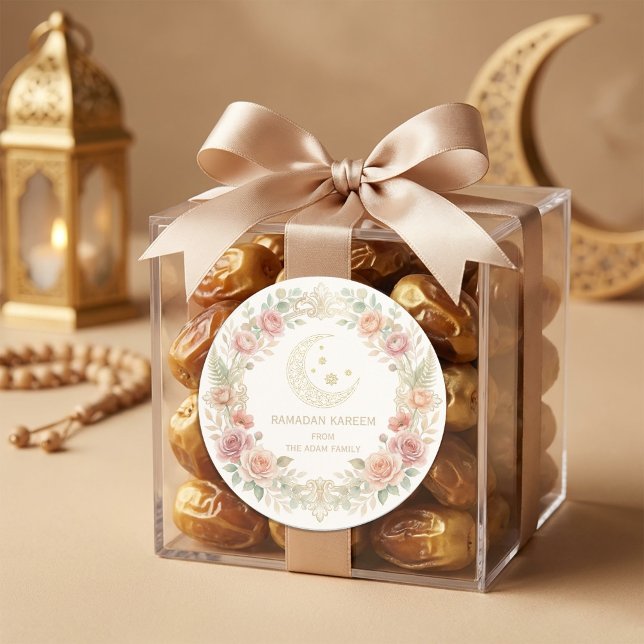 Pegatina Redonda Linterna floral de Ramadan Kareem con rubor (#RamadanKareem #EidMubarak #RamadanDecor #IslamicDesign #RamadanSticker #EidGifts #MuslimArt #Ramada)