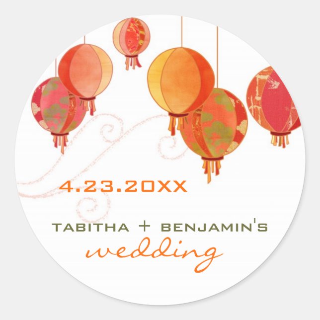 Pegatina Redonda Linternas de papel rojo Boda Guardar la fecha (Anverso)