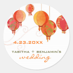 Pegatina Redonda Linternas de papel rojo Boda Guardar la fecha