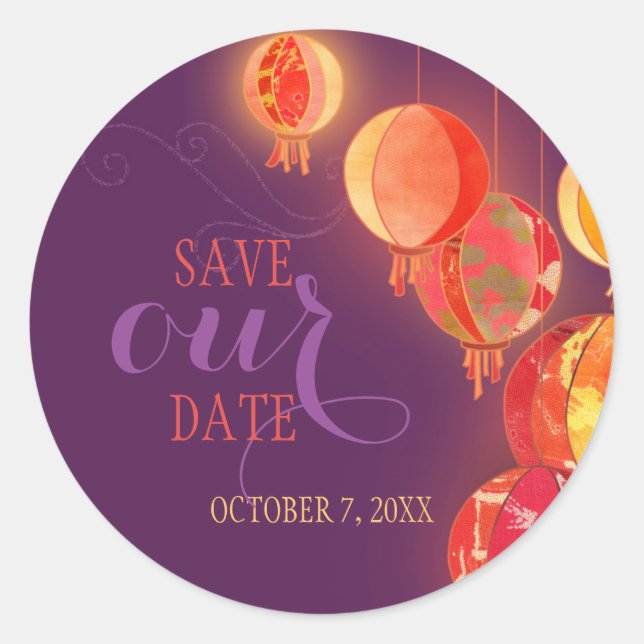 Pegatina Redonda Linternas rojas Boda púrpura salva nuestra fecha (Anverso)