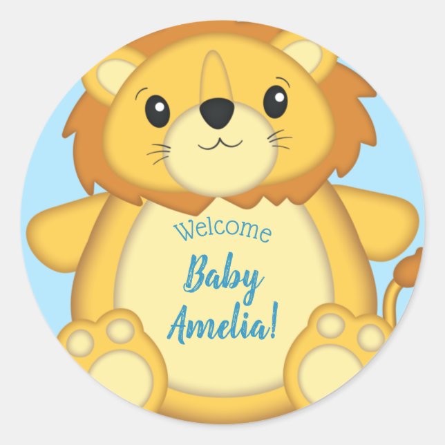 Pegatina Redonda Lion Baby Shower Blue (Anverso)