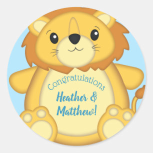Pegatina Redonda Lion Baby Shower Blue