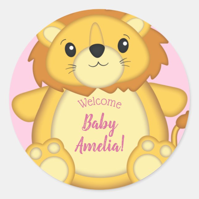 Pegatina Redonda Lion Baby Shower Pink (Anverso)