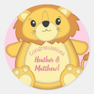 Pegatina Redonda Lion Baby Shower Pink