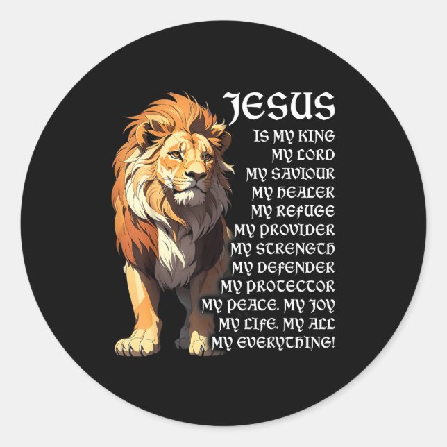 Pegatina Redonda Lion Christian Jesus Is My King, God, Lord, And Sa (Anverso)