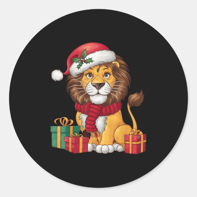 Pegatina Redonda Lion Lover Xmas Holiday Santa Lion Christmas  (Anverso)