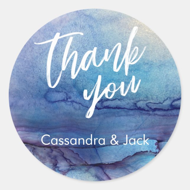 Pegatina Redonda Liquidez azul y púrpura Abstract Art Casual Hand (Anverso)