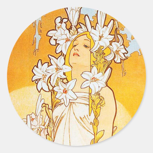 Pegatina Redonda Lirio de cosecha por Alphonse Mucha (Anverso)