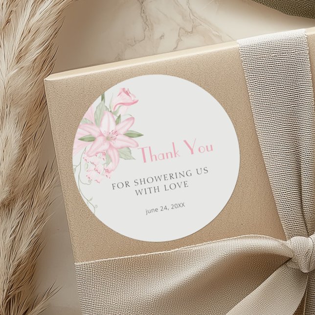 Pegatina Redonda Lirio Rosa Green deja Baby Shower Gracias (Subido por el creador)