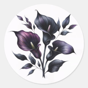 Pegatina Redonda Lirios de Calla púrpura y negro góticos