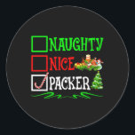Pegatina Redonda Lista de Navidades de Naugher Packer Santa<br><div class="desc">Lista de Navidades de Naugher Packer Santa</div>