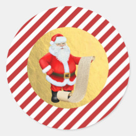 Pegatina Redonda Lista de Santa Navidad Rayas Rojas Hojalata Dorada