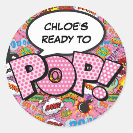 Pegatina Redonda Listo para el cómic POP Baby Shower Sprinkle Pink