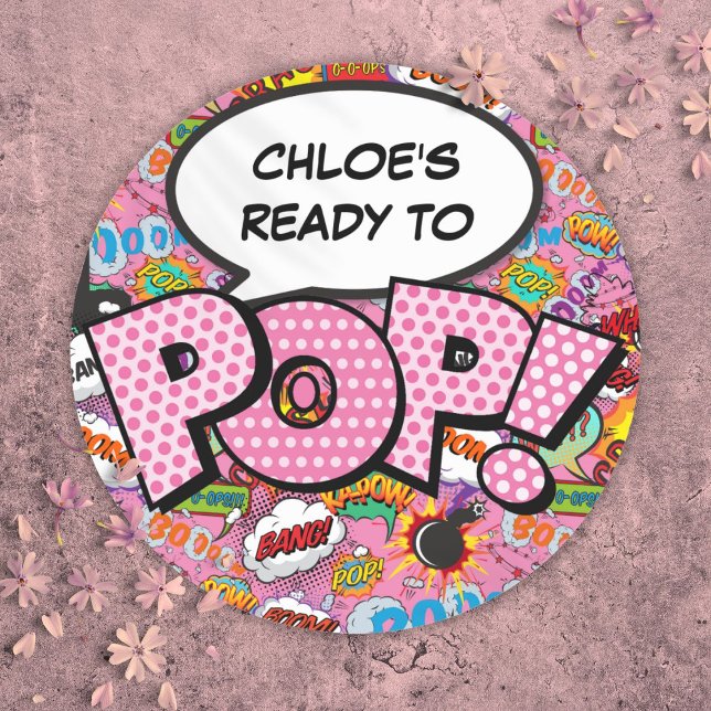 Pegatina Redonda Listo para el cómic POP Baby Shower Sprinkle Pink (Ready to POP Comic Book Baby Shower Sprinkle Pink Classic Round Sticker)