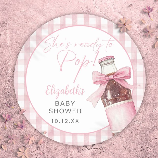 Pegatina Redonda Listo para explotar la botella de soda con lazo ro (Ready To Pop Pink Bow Soda Bottle Baby Shower Classic Round Sticker)