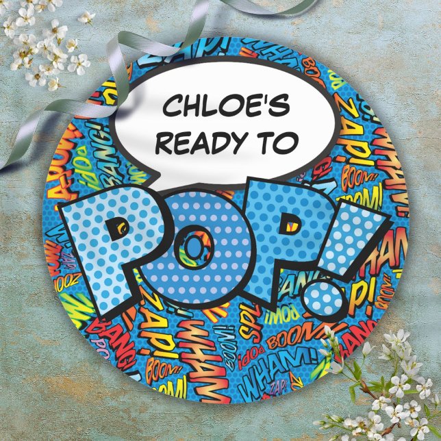Pegatina Redonda Listo para hacer POP Cumpleaños de libro de histor (Ready to POP Blue Comic Book Baby Shower Sprinkle Classic Round Sticker)