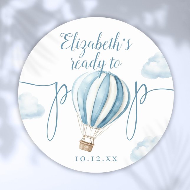 Pegatina Redonda Listo Para Mostrar Baby Shower De Globo Azul (Ready To Pop Blue Balloon Baby Shower Classic Round Sticker)