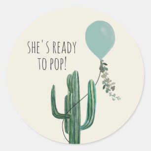 Pegatina Redonda Listo para pop Balón Cactus Blue Boy Baby Shower