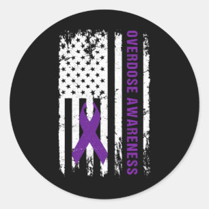 Pegatina Redonda Listón Morado de Conciencia de Sobredosis Adicción