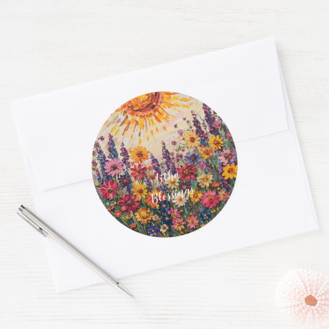 Pegatina Redonda Litha de patrones florales y de ráfaga de sol (Sobre)