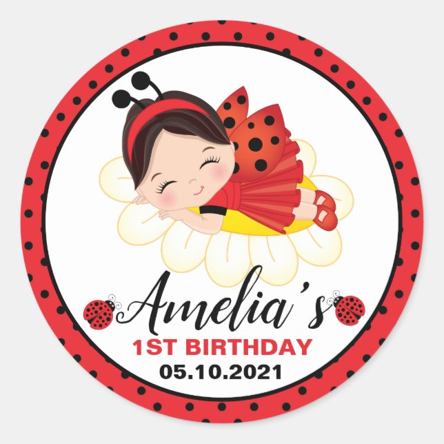 Pegatina Redonda Litle Chica Ladybug Birthday Classic Round Pegatin (Anverso)