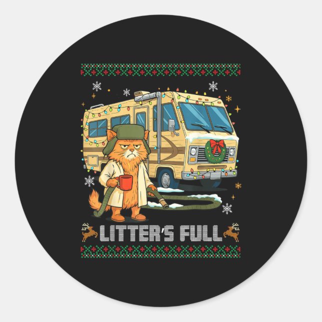 Pegatina Redonda Litter's Full Funny Silly Cat Holding Coffee Meme  (Anverso)