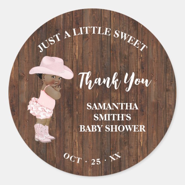 Pegatina Redonda Little AA Cowgirl Western Baby Shower Gracias (Anverso)
