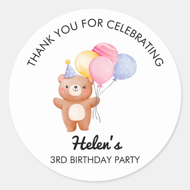 Pegatina Redonda Little Bear Balloon Birthday Party Sticker (Anverso)