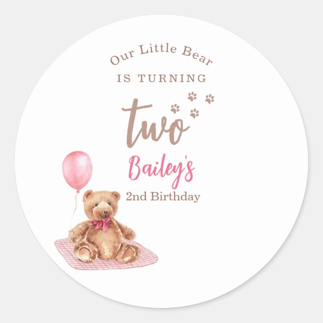 Pegatina Redonda Little Bear Pink Any Age Birthday (Anverso)