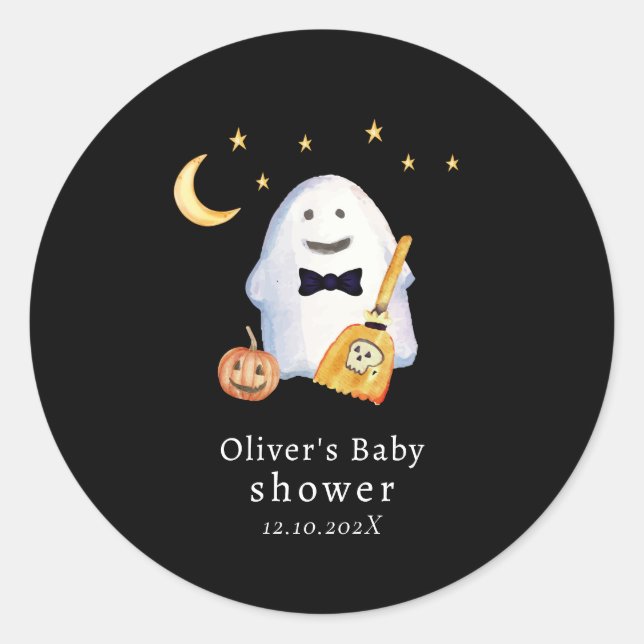 Pegatina Redonda Little Boo Ghost Hollaween Baby Shower (Anverso)