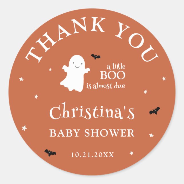 Pegatina Redonda Little Boo Ghost Naranja Baby Shower Gracias (Anverso)