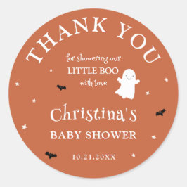 Pegatina Redonda Little Boo Ghost Naranja Baby Shower Gracias