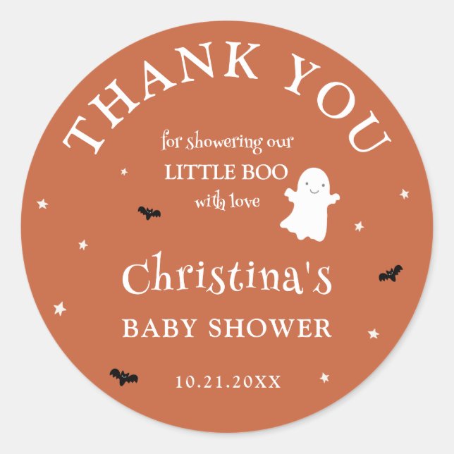Pegatina Redonda Little Boo Ghost Naranja Baby Shower Gracias (Anverso)