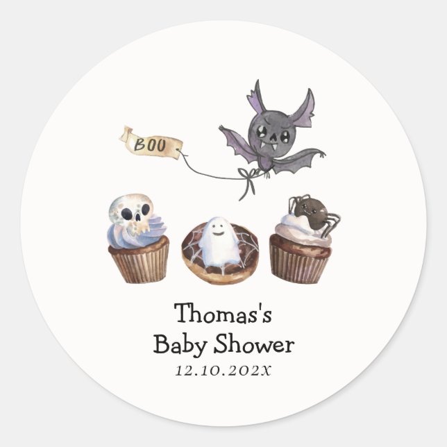 Pegatina Redonda Little Boo Halloween cupcake Baby Shower (Anverso)