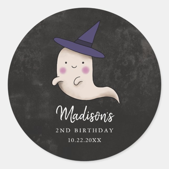Pegatina Redonda Little Boo Halloween Witch Ghost Birday Party (Anverso)