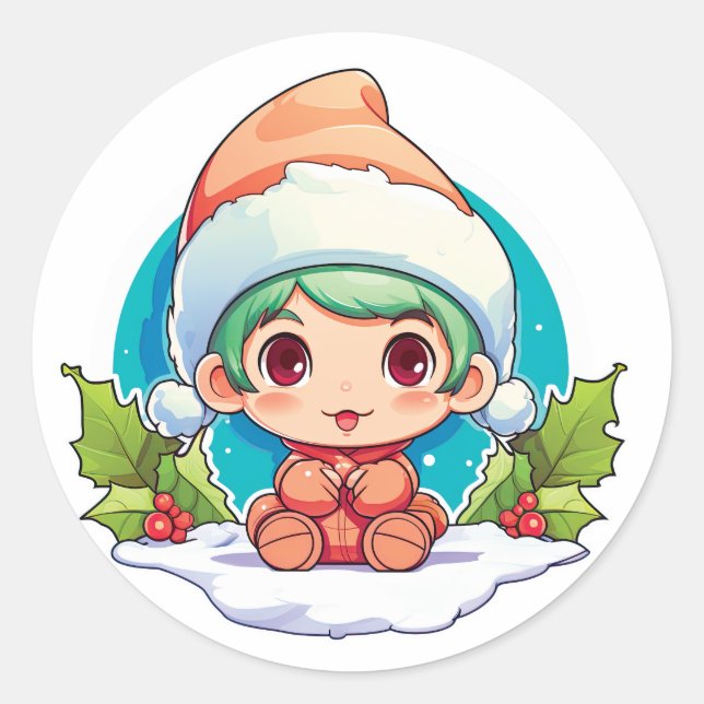 Pegatina Redonda Little Boy Elf Xmas Magic (Anverso)