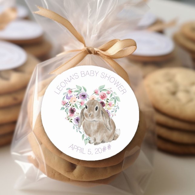 Pegatina Redonda Little Bunny Baby Shower Floral Love Heart (Floral Rabbit Sticker from my Little Bunny & Little Lamb Baby Shower collection)