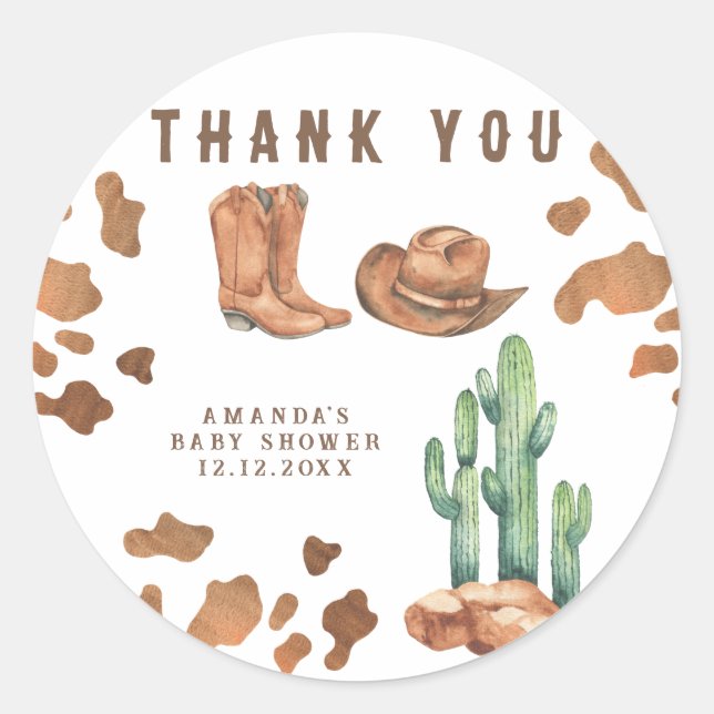 Pegatina Redonda Little Cowboy Baby Shower Gracias (Anverso)