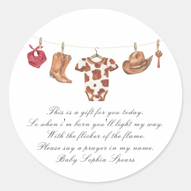 Pegatina Redonda Little cowboy baby shower - Prayer candle label (Anverso)
