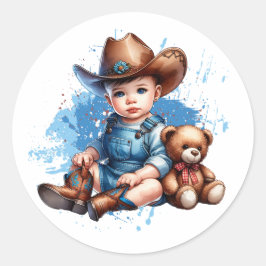 Pegatina Redonda Little Cowboy y Teddy Bear Baby Shower