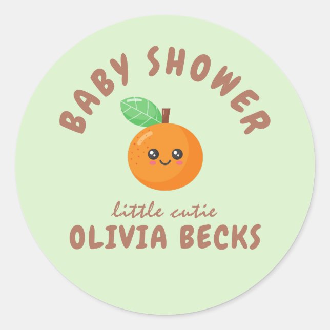 Pegatina Redonda Little Cutie Naranja Baby Shower (Anverso)