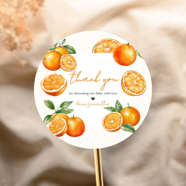 Pegatina Redonda Little Cutie Orange Baby Shower (Little Cutie Baby Shower Sticker)