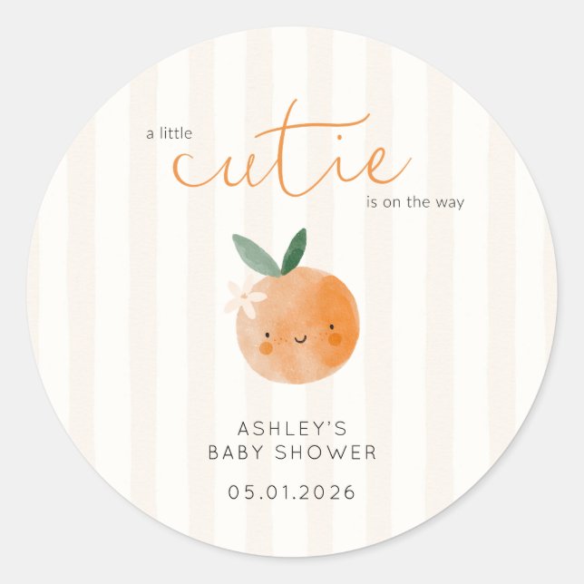 Pegatina Redonda Little Cutie Orange Citrus Baby Shower (Anverso)