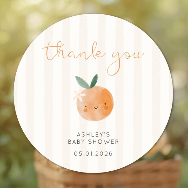 Pegatina Redonda Little Cutie Orange Citrus Baby Shower Thank You (Subido por el creador)