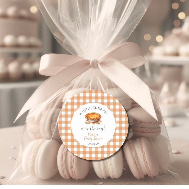 Pegatina Redonda Little Cutie Pie Fall Pumpkin Gingham Baby Shower (Little Cutie Pie Round Sticker )
