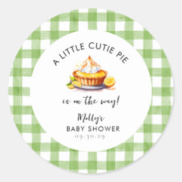 Pegatina Redonda Little Cutie Pie Gingham Baby Shower