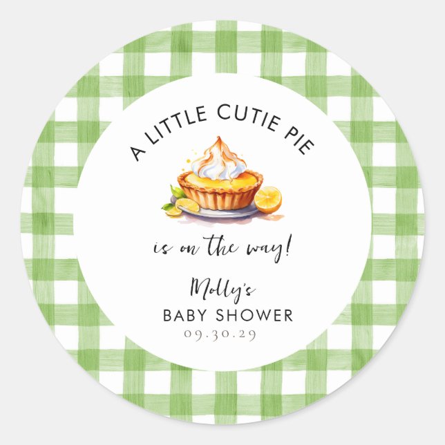 Pegatina Redonda Little Cutie Pie Gingham Baby Shower (Anverso)