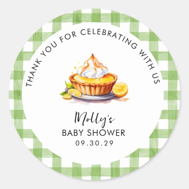 Pegatina Redonda Little Cutie Pie Gingham Baby Shower Gracias (Anverso)